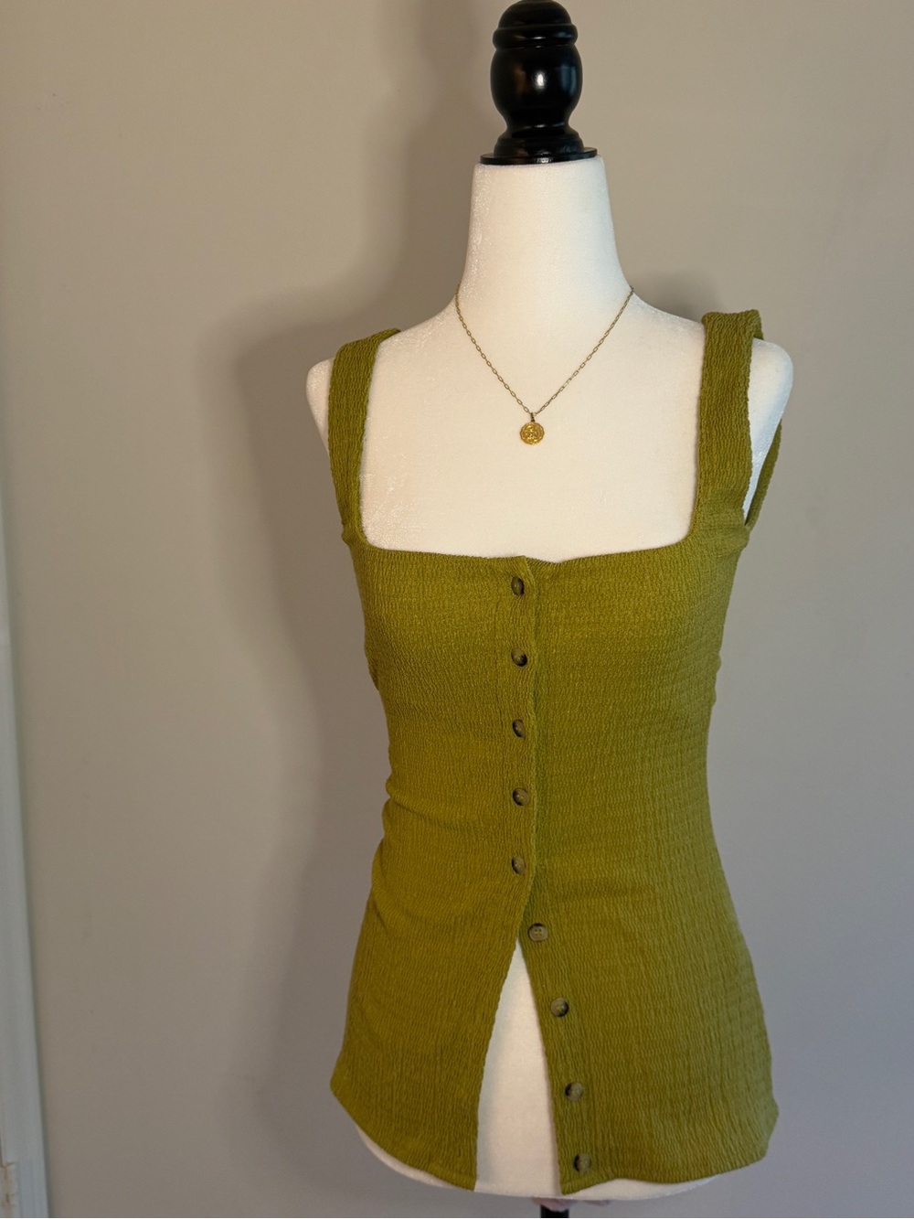Zara Olive-Chartreuse Button Front Ribbed Top S